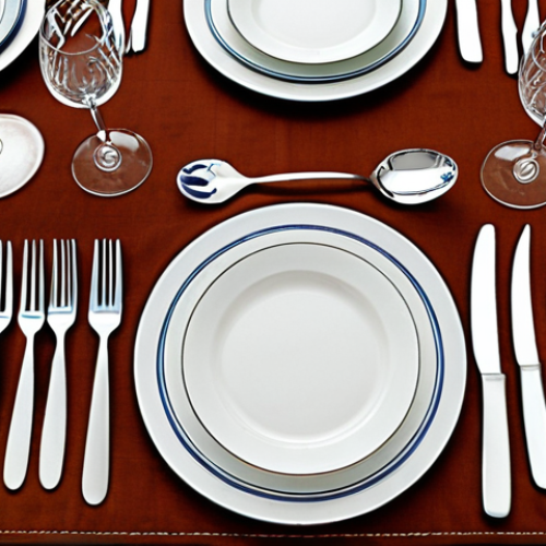 A formal dinner table setting in Brazil, showcasing a variety of forks, knives, and spoons arranged according to etiquette rules. Focus on the placement of cutlery and glassware, capturing the elegance of a well-set table.