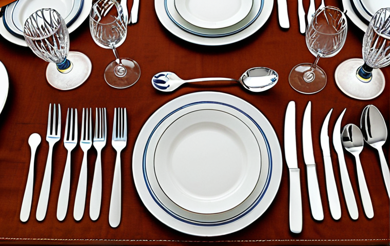 A formal dinner table setting in Brazil, showcasing a variety of forks, knives, and spoons arranged according to etiquette rules. Focus on the placement of cutlery and glassware, capturing the elegance of a well-set table.