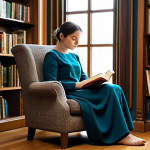 A thoughtful individual deeply immersed in reading a book, seated comfortably in a plush armchair. The setting is a warmly lit, inviting library corner, surrounded by tall wooden bookshelves filled with diverse books. Soft natural light streams in from a nearby window. The person is fully clothed in modest, comfortable, and appropriate attire. The image should convey a sense of calm and focused contemplation. High-resolution, professional photography, soft focus on background, detailed, realistic. safe for work, appropriate content, family-friendly, perfect anatomy, correct proportions, natural pose, well-formed hands, proper finger count, natural body proportions.