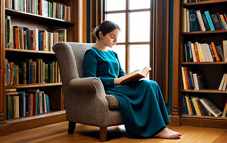 A thoughtful individual deeply immersed in reading a book, seated comfortably in a plush armchair. The setting is a warmly lit, inviting library corner, surrounded by tall wooden bookshelves filled with diverse books. Soft natural light streams in from a nearby window. The person is fully clothed in modest, comfortable, and appropriate attire. The image should convey a sense of calm and focused contemplation. High-resolution, professional photography, soft focus on background, detailed, realistic. safe for work, appropriate content, family-friendly, perfect anatomy, correct proportions, natural pose, well-formed hands, proper finger count, natural body proportions.