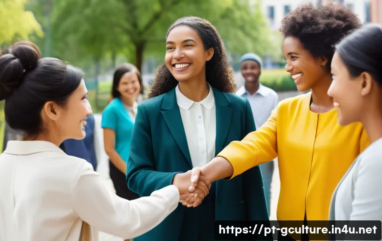 해외 예절과 매너 - **Prompt:** "A vibrant, outdoor scene depicting a group of diverse individuals engaging in various f...