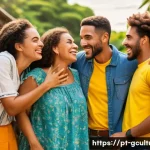 Home 17 문화적 차이와 오해 - A warm and lively Brazilian social gathering scene outdoors, featuring a diverse group of adults exc...
