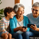 Home 21 디지털 문화와 세대 차이 - A warm and cozy living room scene featuring a Brazilian grandmother and her grandchildren engaging i...