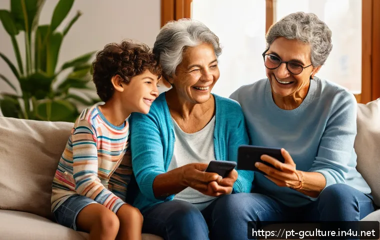 디지털 문화와 세대 차이 - A warm and cozy living room scene featuring a Brazilian grandmother and her grandchildren engaging i...