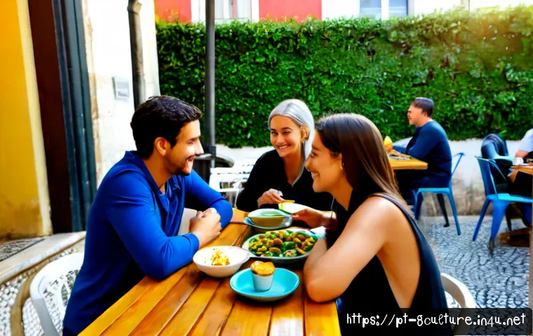 비건 문화와 국가별 수용도 - Photorealistic Lisbon neighborhood café terrace, diverse Portuguese adults of different ages enjoyin...